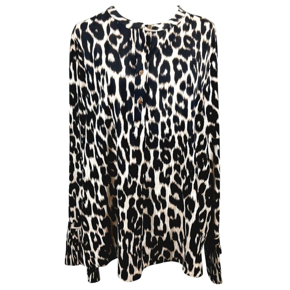 Calvin Klein XL Leopard Long Sleeve Top W/ Ruffled Sleeve Hem, 1/4 Button Front